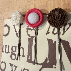 Alchemy Relics Handmade Hair Pins – Mixed Floral & Vintage Button Set (Set of 3)